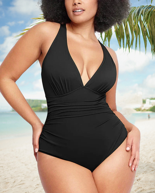 Sexy Damen Badeanzug mit Raffung, tiefem V-Ausschnitt und Shaping-Effekt