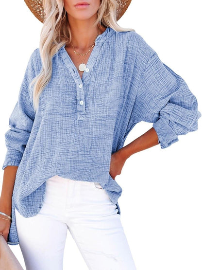 🔥Sonderpreis dieser Woche🔥Lässige Damen-Langarmshirts mit Knopfleiste und V-Ausschnitt, übergroße, einfarbige Blusen