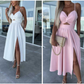Damen Spaghettiträger Kleid mit hohem Schlitz