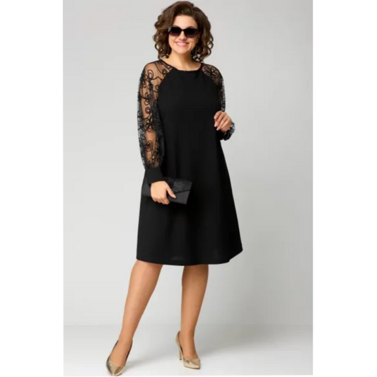⏳Begrenzte Zeit 50% Rabatt💥Spitzen-Patchwork-Kleid mit Rundhalsausschnitt und langen Ärmeln
