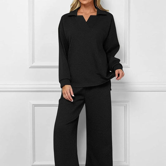2-teiliges Lounge-Set mit V-Ausschnitt und Taschen für Damen