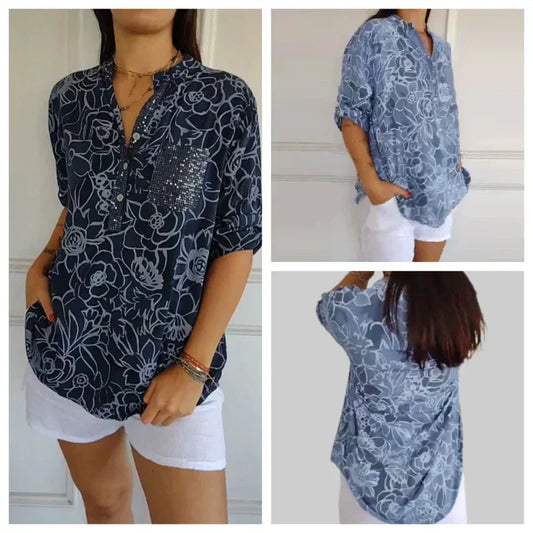 Damen Blume V-Ausschnitt Bluse