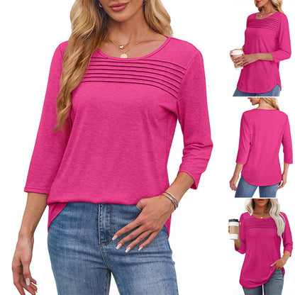 Damen T-Shirt mit Faltendetails und 3/4-Ärmeln im lässigen Stil🌞