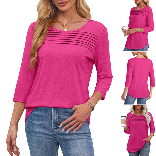 Damen T-Shirt mit Faltendetails und 3/4-Ärmeln im lässigen Stil🌞