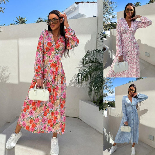 Modisches, langärmeliges, taillenbetontes Blumenkleid mit V-Ausschnitt und Knopfleiste
