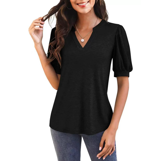 Damen V-Ausschnitt Lässiges Puff Kurzarm Top Elegantes T-Shirt