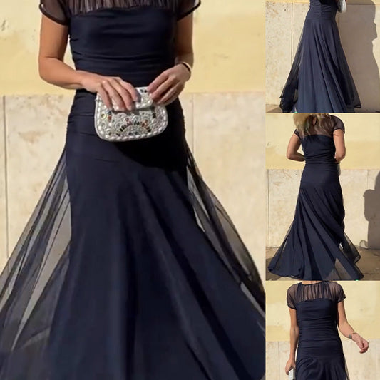 Damen Maxikleid mit Raffung und Rundhalsausschnitt aus Mesh