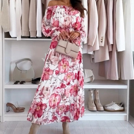 🌷❤️‍🔥Zweiteiliges Set mit Blumenmuster: Off-Shoulder-Bluse & Maxirock
