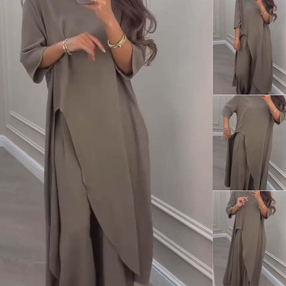 🔥2-teiliges einfarbiges Set aus unregelmäßigem Oberteil und Hose mit weitem Bein🔥