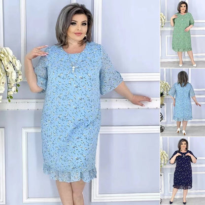 Damen Blumenkleid mit lockerer Passform, kurzen Ärmeln und Wellenkante