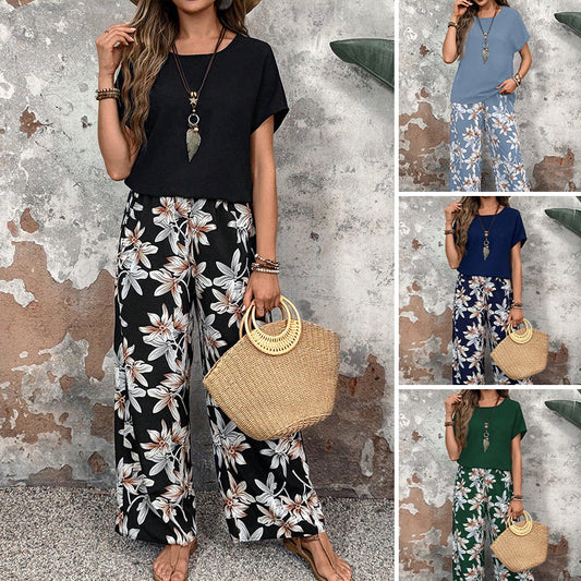 🌸 Lässiges Damen-Set mit weiten Hosen und kurzärmligem Oberteil mit Blumenmuster