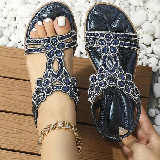 🔥Sommer-Schnäppchen - Schicke flache Sandalen mit Blumen-Strass