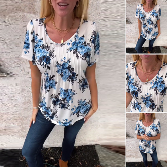 🌸Lockere Bluse mit Rundhalsausschnitt und kurzen Ärmeln für Damen mit Blumenmuster