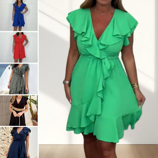 🏖️Sommer-Hot-Sale - 50% Rabatt🌸Elegantes Rüschenkleid mit Taillenschnürung und V-Ausschnitt für Damen