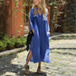 Langes Damen-Freizeitkleid mit V-Ausschnitt, Taschen und Schlitzsaum