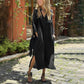 Langes Damen-Freizeitkleid mit V-Ausschnitt, Taschen und Schlitzsaum
